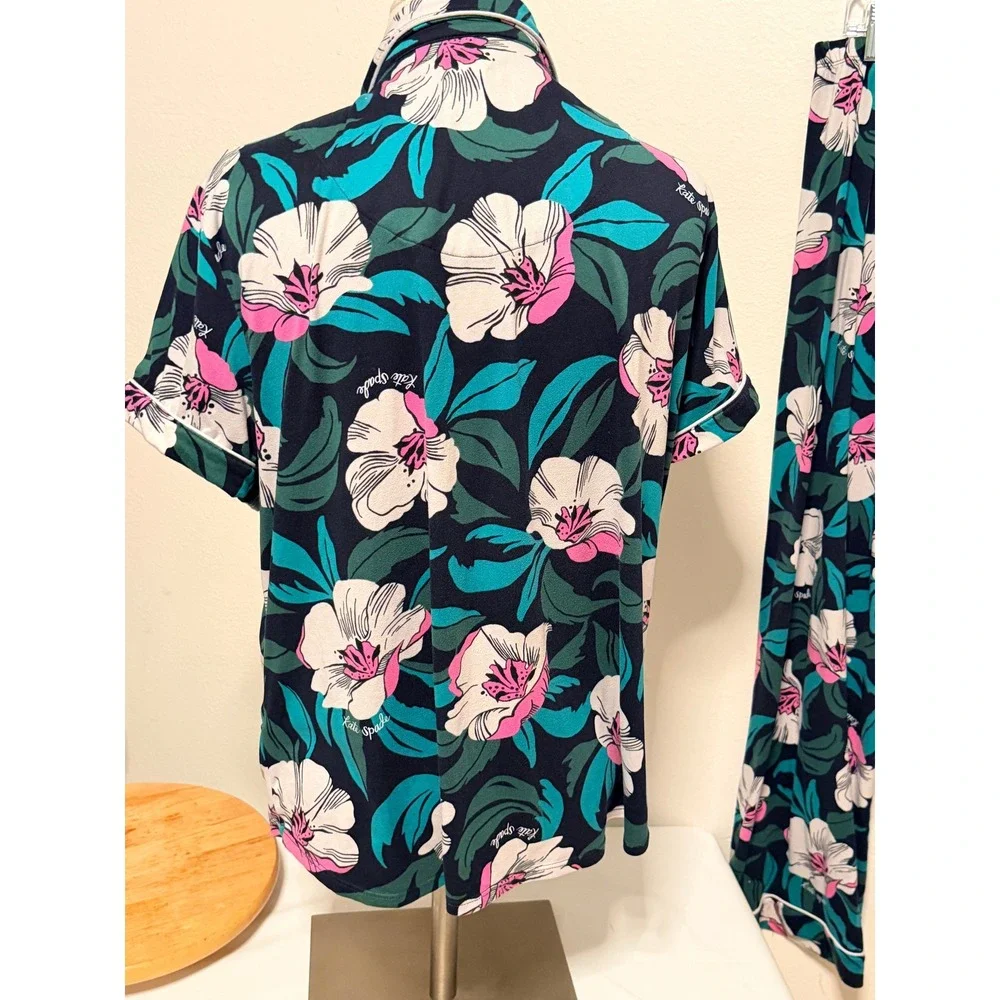 Kate Spade Pajama Set Sz L Hibiscus Floral Short Sleeve Pants Navy Sleepwear